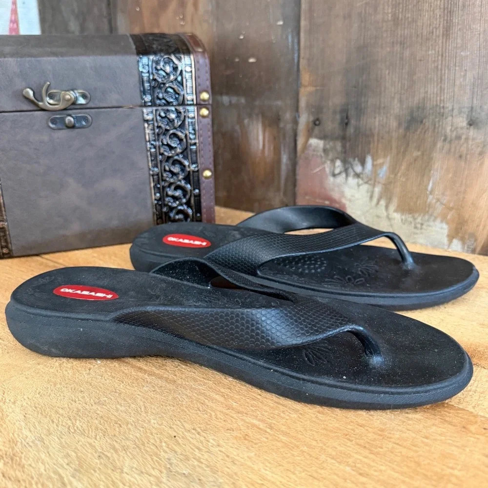 Okabashi Maui Mens Flip Flops Black Thong Sandals Made in USA Size L 10-11